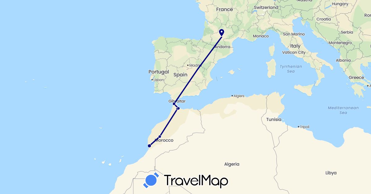TravelMap itinerary: driving in France, Morocco (Africa, Europe)